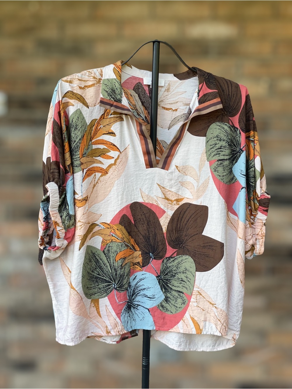 Entro Large Tropical Floral Print V Neck Oversized Blouse Top